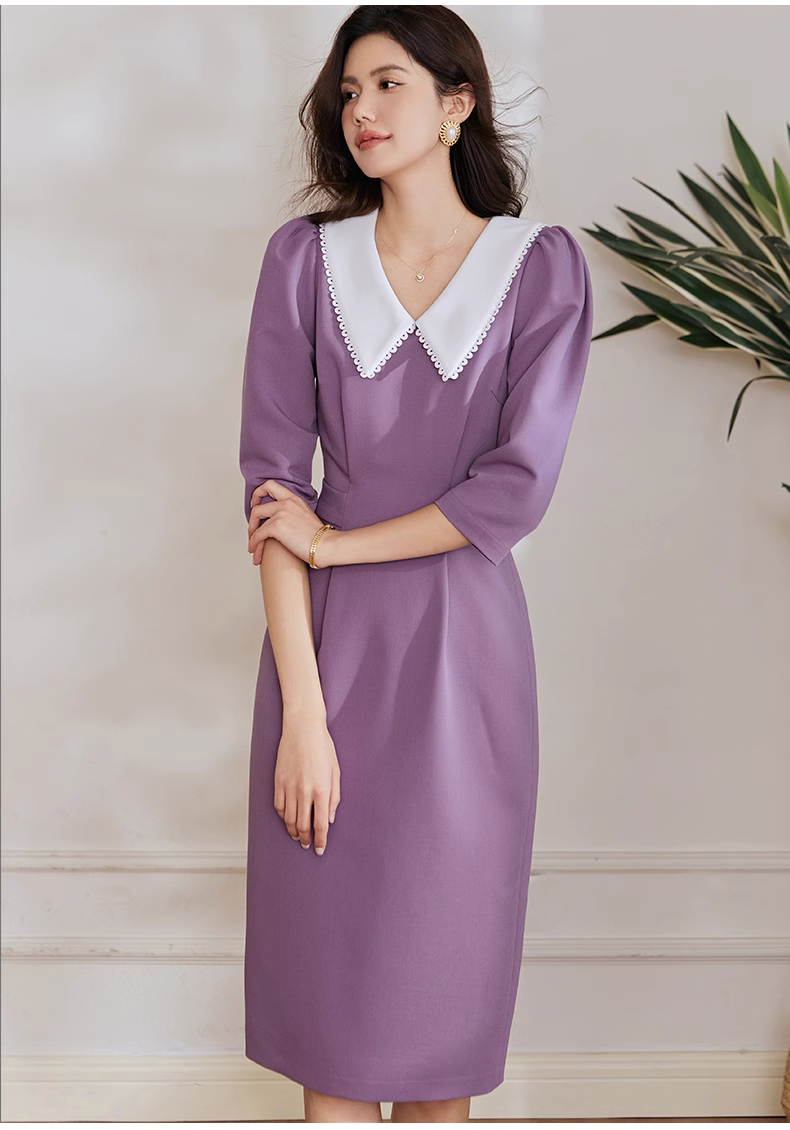 Đầm suông xếp eo cổ sơ mi trắng phối ren tay lửng