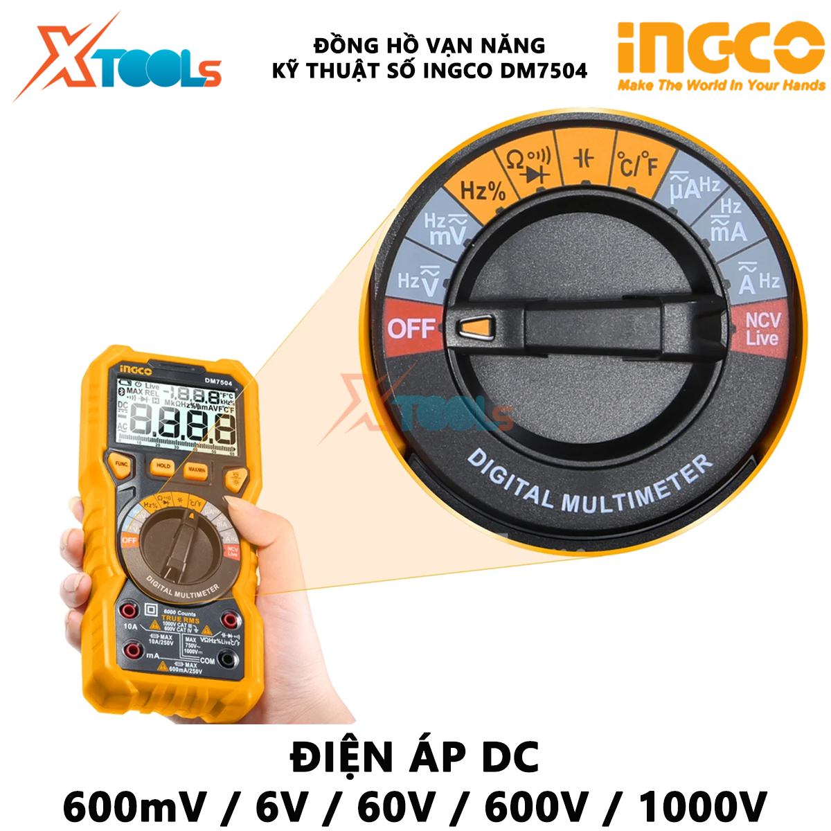 Đồng hồ vạn năng kỹ thuật số INGCO DM7504 Đồng hồ đo điện RMS Tần số, đo điện áp, dòng điện AC/DC, đo tần số và nhiệt độ