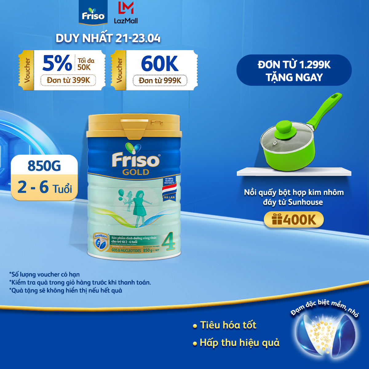 [21- 23/4 VOUCHER ĐẾN 1 TRIỆU] Sữa Bột Friso Gold 4 lon thiếc 850G cho trẻ từ 2-6 tuổi