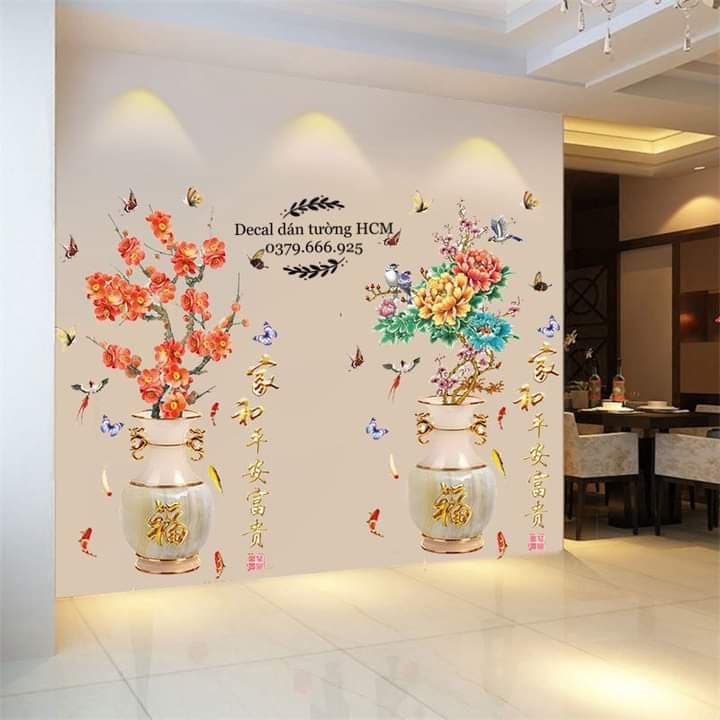 Decal dán tường combo bình hoa phong thủy