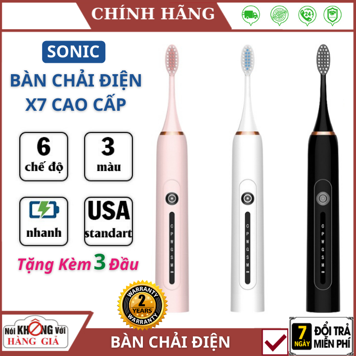 Bàn chải điện Sonic X7 Công Nghệ Mới Chính Hãng Tặng 3 Đầu Bàn Chải và dây cáp sạc, máy đánh răng tự động với đầu bàn chải siêu mềm giúp làm trắng răng - Chăm Sóc Sức Khỏe Nướu được rất nhiều nha sĩ có tiếng khuyên dùng