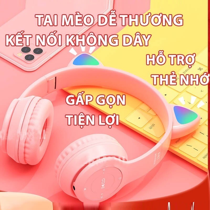 Tai Nghe Mèo Bluetooth Chống Ồn,Tai Nghe Chụp Tai Không Dây Có Mic Hỗ Trợ Cắm Dây Cắm Thẻ Nhớ