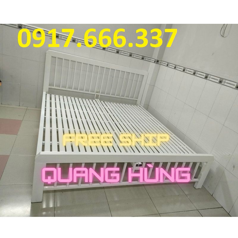 Giường sắt hộp 4x8 đầu sọc trắng cao cấp 1m8x2m giá rẻ hàng thiết kế đơn giản