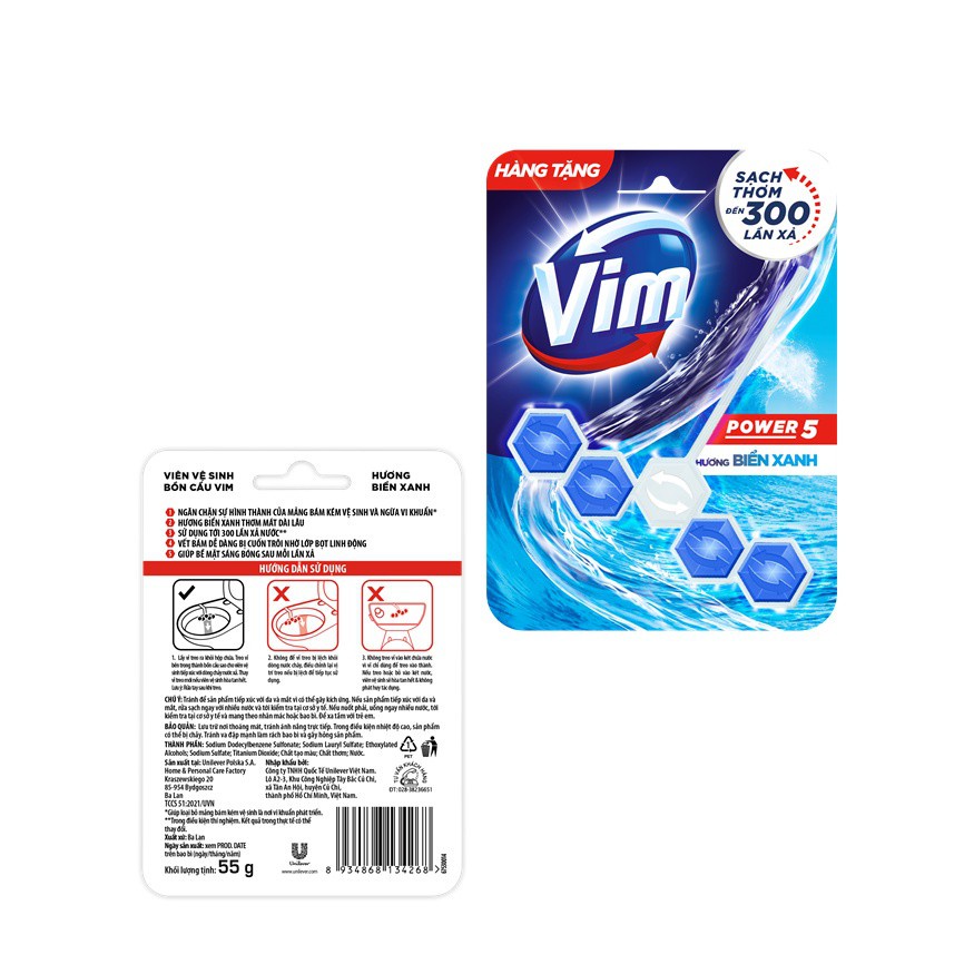 Viên tẩy bồn cầu Vim Power 5  Unilever Vim biển xanh