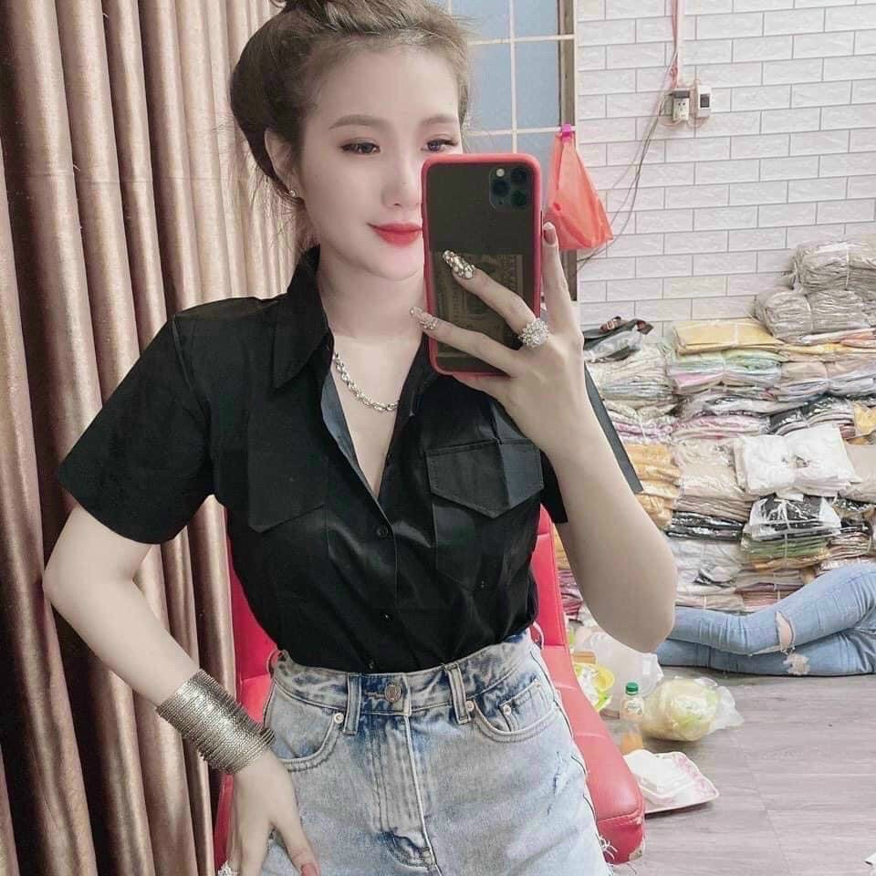 Áo sơ mi trơn tay ngắn kèm túi