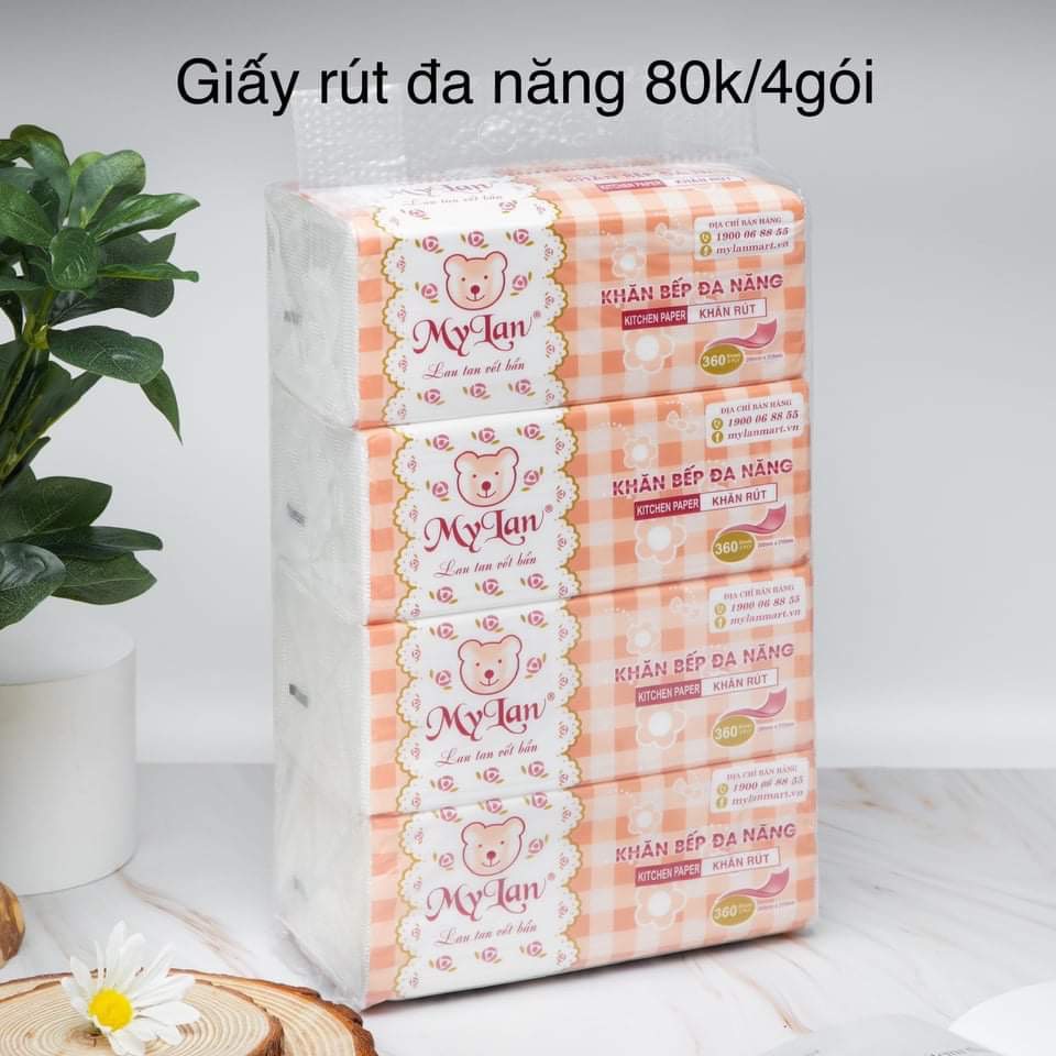 KHĂN GIẤY BẾP ĐA NĂNG 2 Lớp 360 Tờ Gói, 4 Gói Xách_ Kích thước mỗi tờ giấy