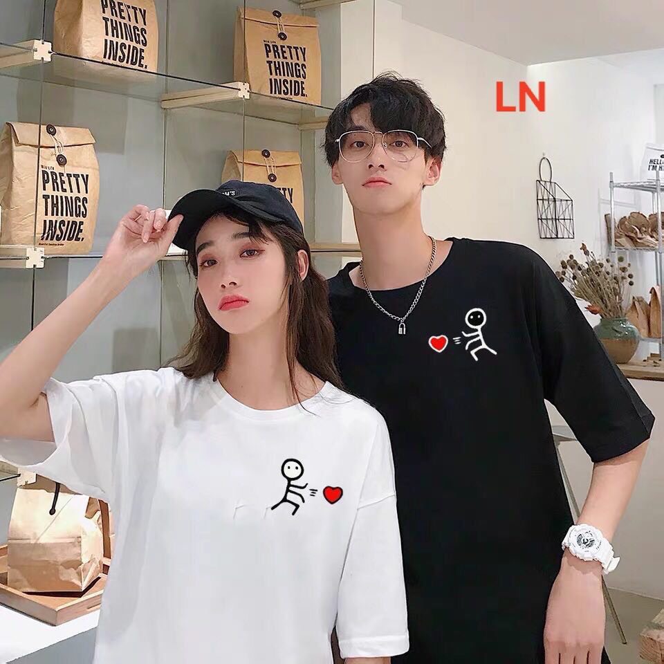 Áo thun đôi( 2 áo) trắng đen đẩy tim