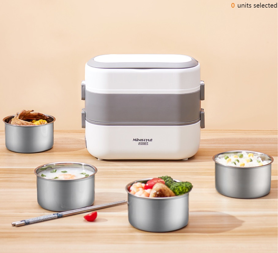 Hộp cơm cắm điện văn phòng tự nấu chín, hộp cơm giữ nhiệt lõi inox có nắp chống tràn đa năng mini 2 tầng 4 ngăn tiện dụng Ministyle