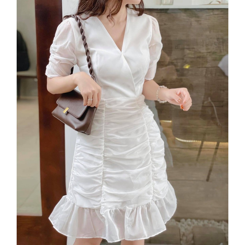 Đầm voan nhún đuôi cá cổ đắp sang chảnh 2 màu Trắng/Hồng cam