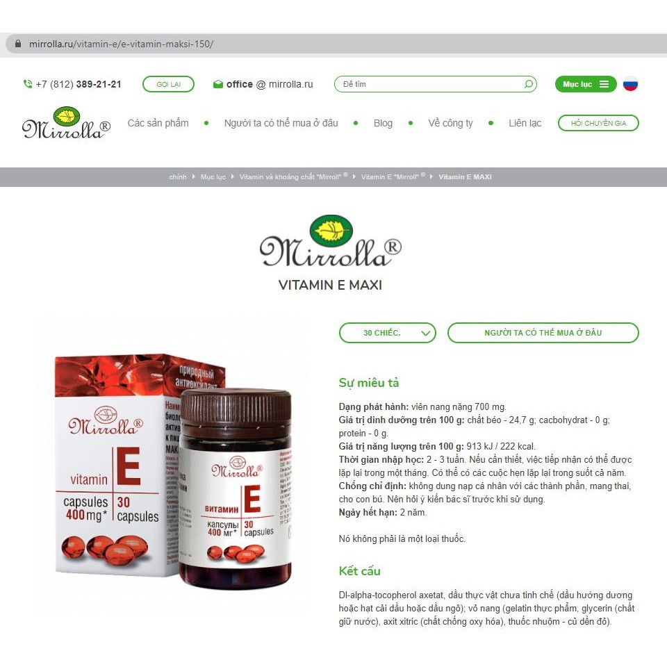 Vitamin E đỏ Nga Mirrolla 400mg-270mg chính hãng