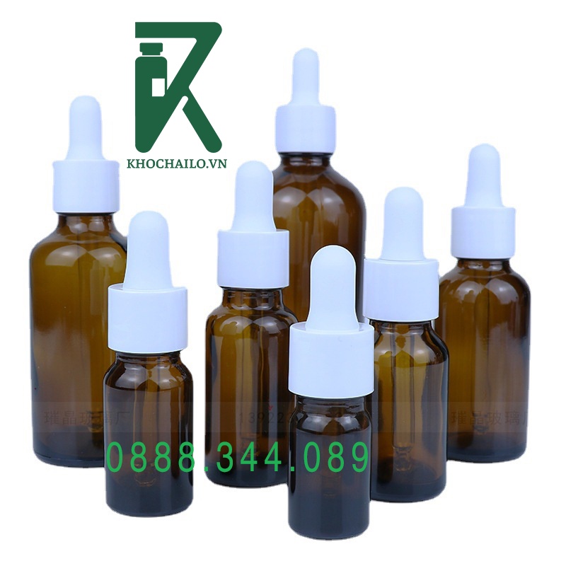 Chai thủy tinh,tinh dầu,serum nâu khoen trắng bóp trắng, ống thủy tinh 5ml,10ml,15ml,20ml,30ml,50ml,100ml