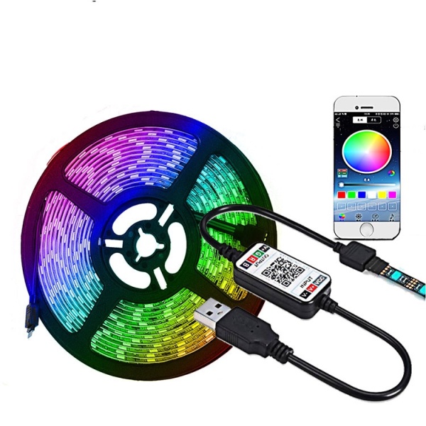 Dải đèn Led RGB dây dán 5m đổi nhiều màu qua điện thoại + Nguồn + Remote điều khiển, Đèn ngủ Giáng Sinh, Cuộn đèn Led dây dán 5m