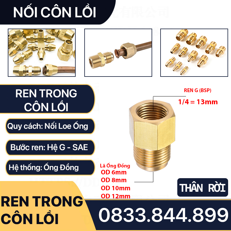 Bộ ren trong G 1/4 (13) và nón nối côn lồi hàn ống đồng 6 8 10 12 mm cho điện lạnh & khí nén (Brass Flare Male Connector)- Rắc co thẳng ren NPT