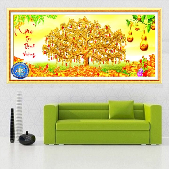 Tranh Đính Đá Cây Tiền Vàng   Kích Thước 100x50CM