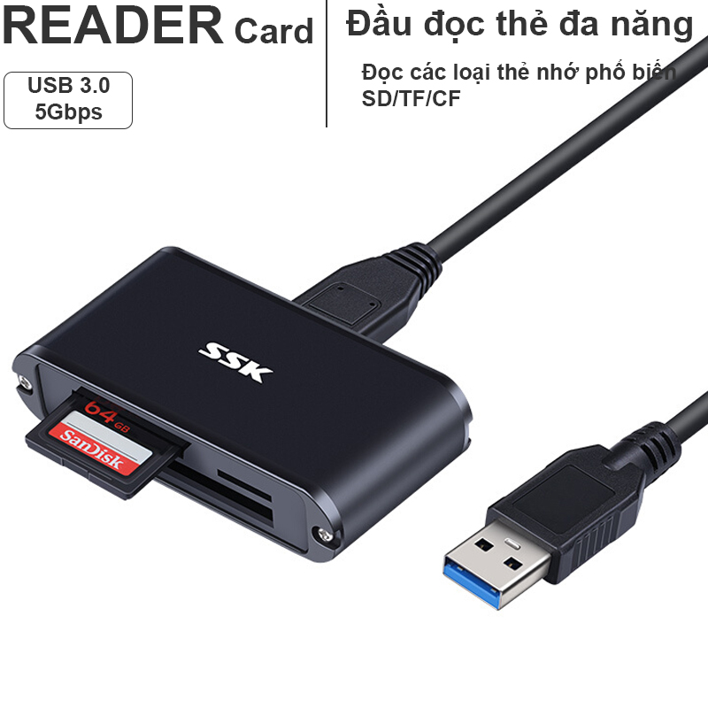 Đầu đọc thẻ nhớ SD Micro SD TF CF USB 3.0 - Reader card all in one USB 3.0 SSK SCRM-630