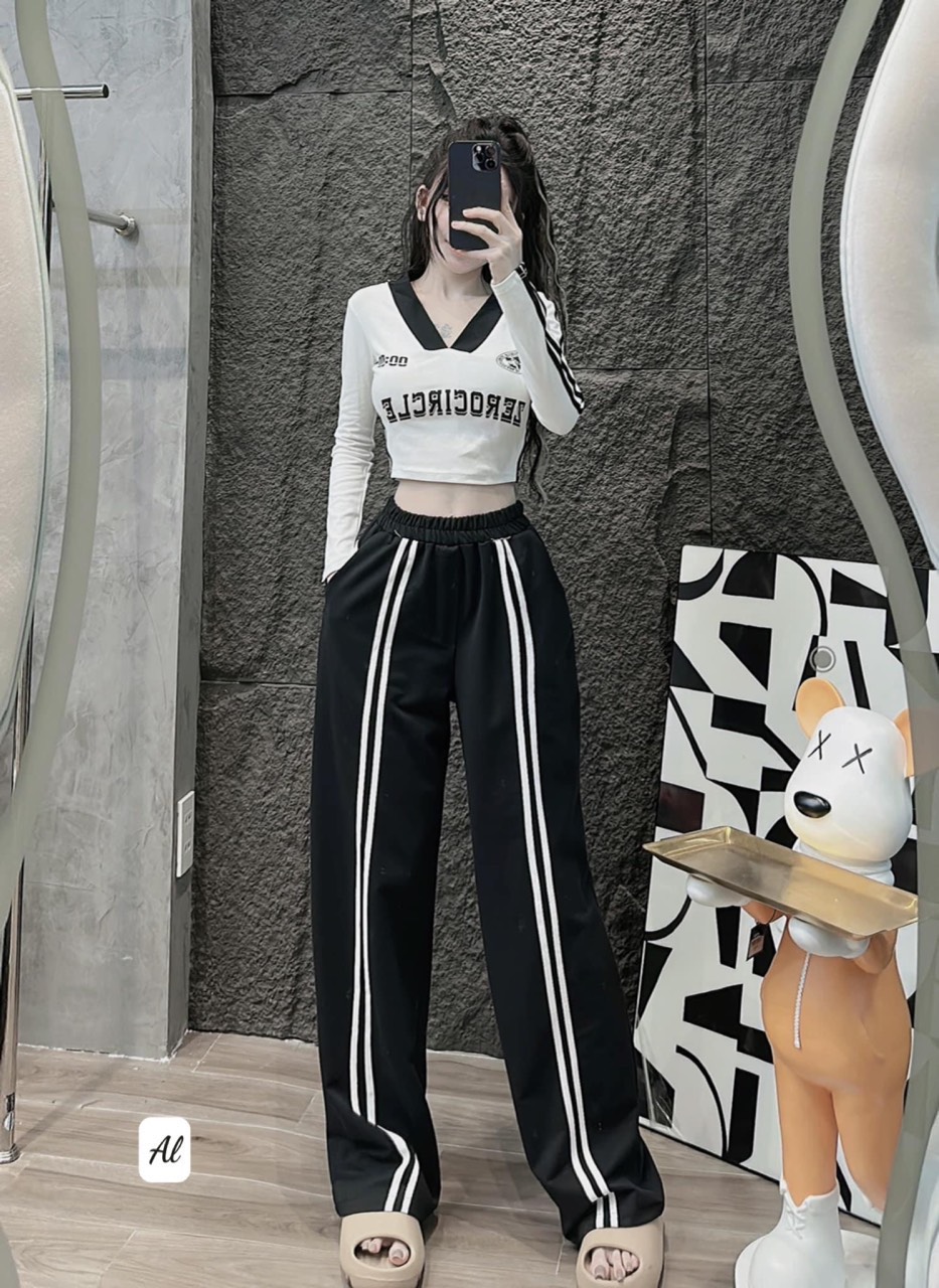 Set bộ thun quần ống rộng kẻ sọc, áo phông croptop tay dài, đồ bộ nữ phong cách thể thao kèm ảnh thật