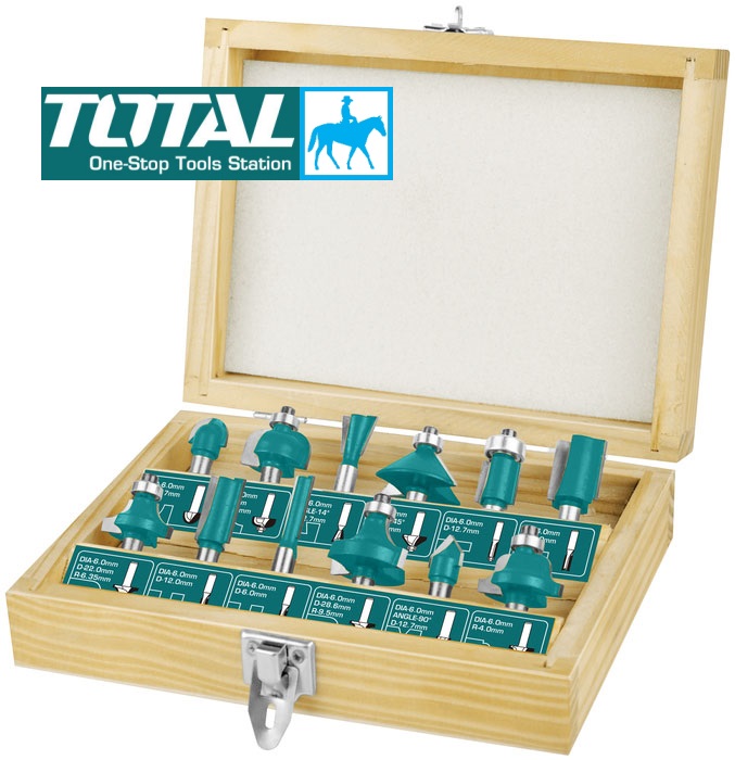 BỘ 12 MŨI PHAY GỖ 6mm 8mm 12mm Total TACSR0121 Bộ mũi đa năng 12 món này có hầu hết các loại đầu cần thiết cho việc sử dụng của các bạn trong việc bo góc chạy rãnh viền Bộ 12 mũi phay gỗ 6mm