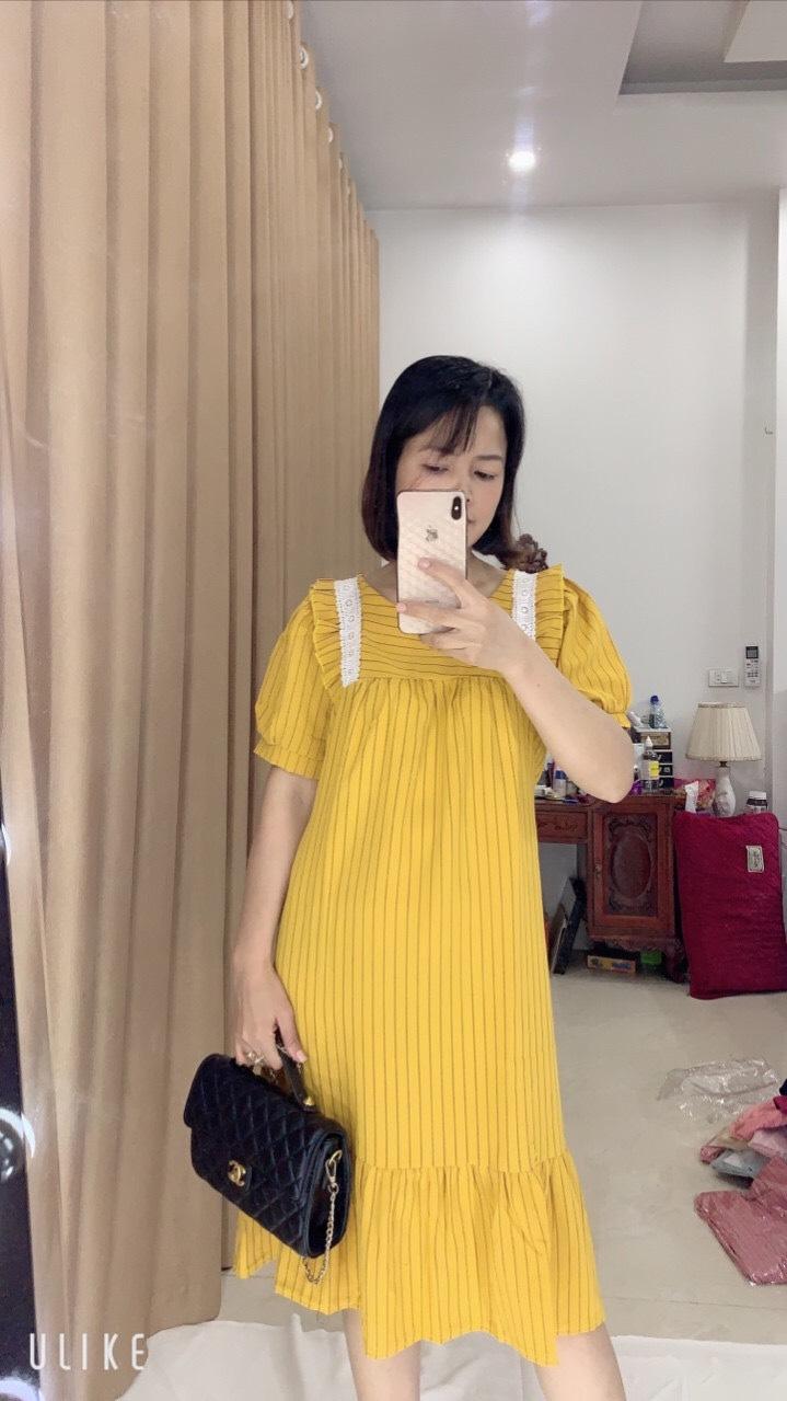 Váy bầu kẻ ren vai thiết kế mẫu mới