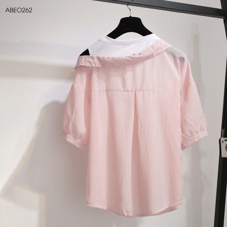 áo cổ sơ mi lệch vai phối trắng bigsize abeo262