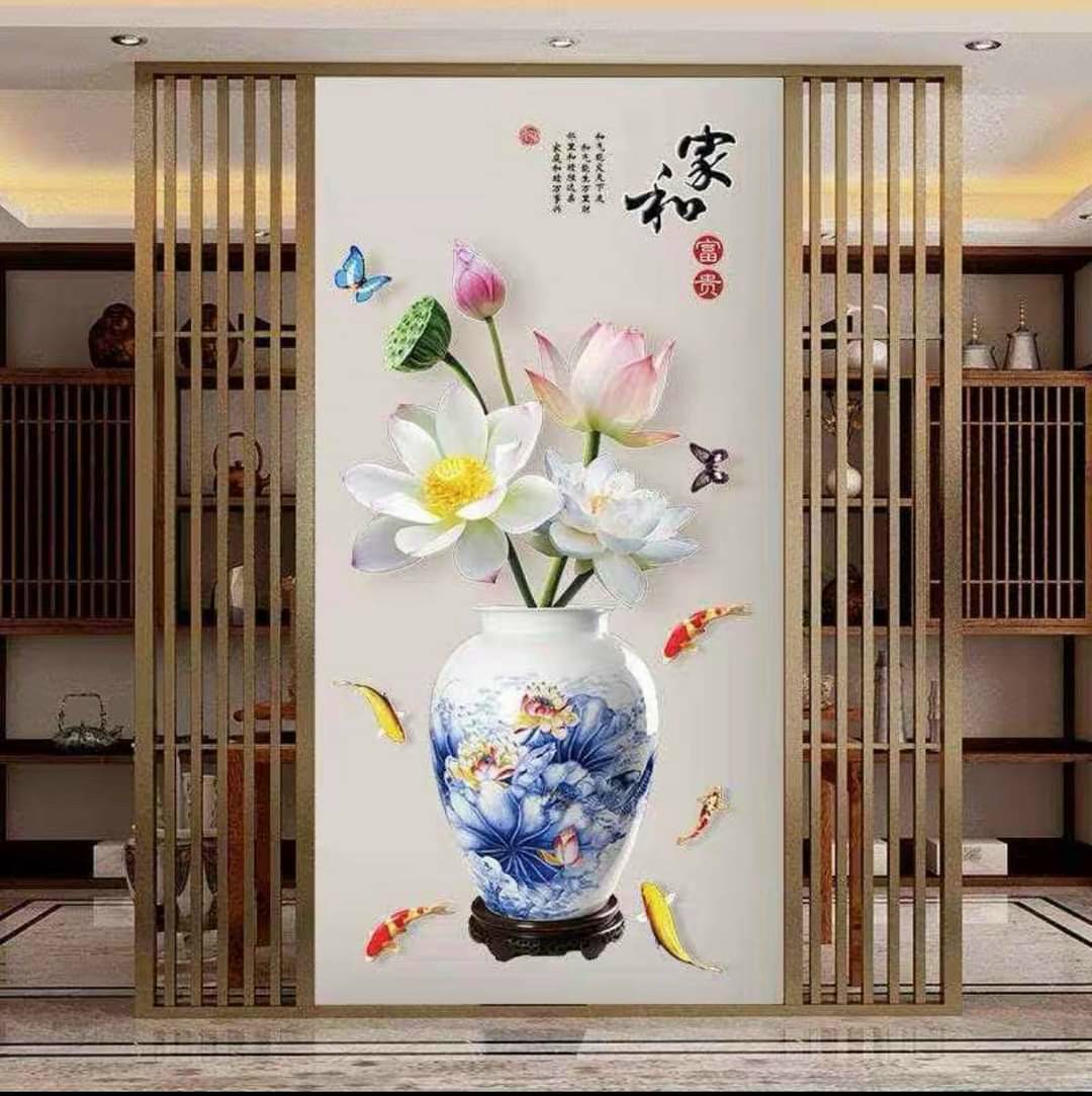 DECAL DÁN TƯỜNG TẾT ĐÔI BÌNH XANH HOA SEN TRẮNG