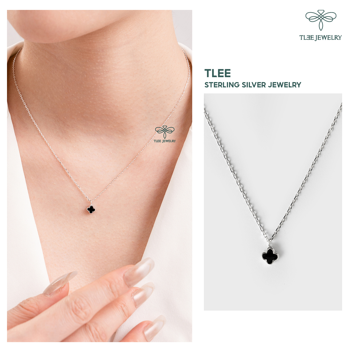 Dây chuyền bạc nữ TLEE mẫu cỏ bốn lá đá đen mini basic bạc 925 cao cấp TleeJewelry D0149