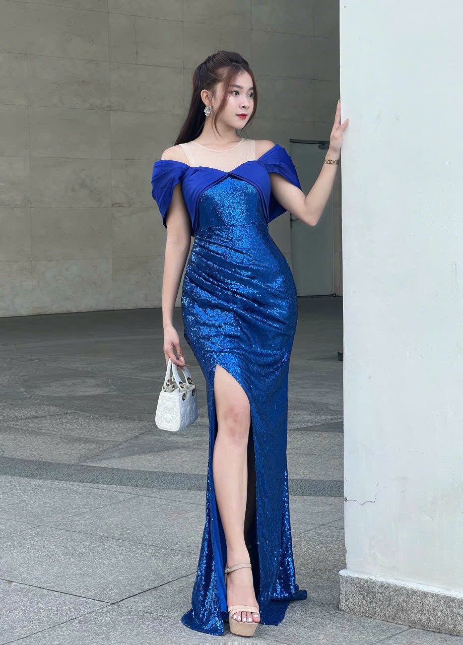 Đầm dạ hội kim sa trễ vai - yb231101