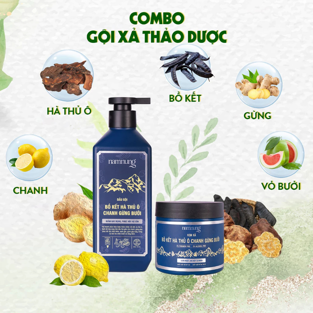 COMBO Dầu Gội+dầu xả NAMNUNG Thảo Dược Bồ Kết Giảm Gàu Ngứa Giảm Rụng Dưỡng Tóc Mềm Mượt 500Ml