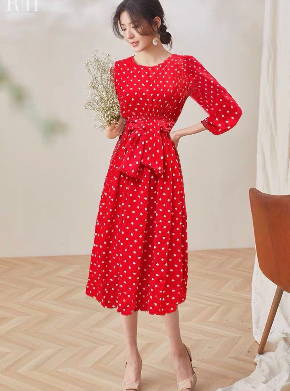 Đầm maxi chấm bi chun eo(A433)