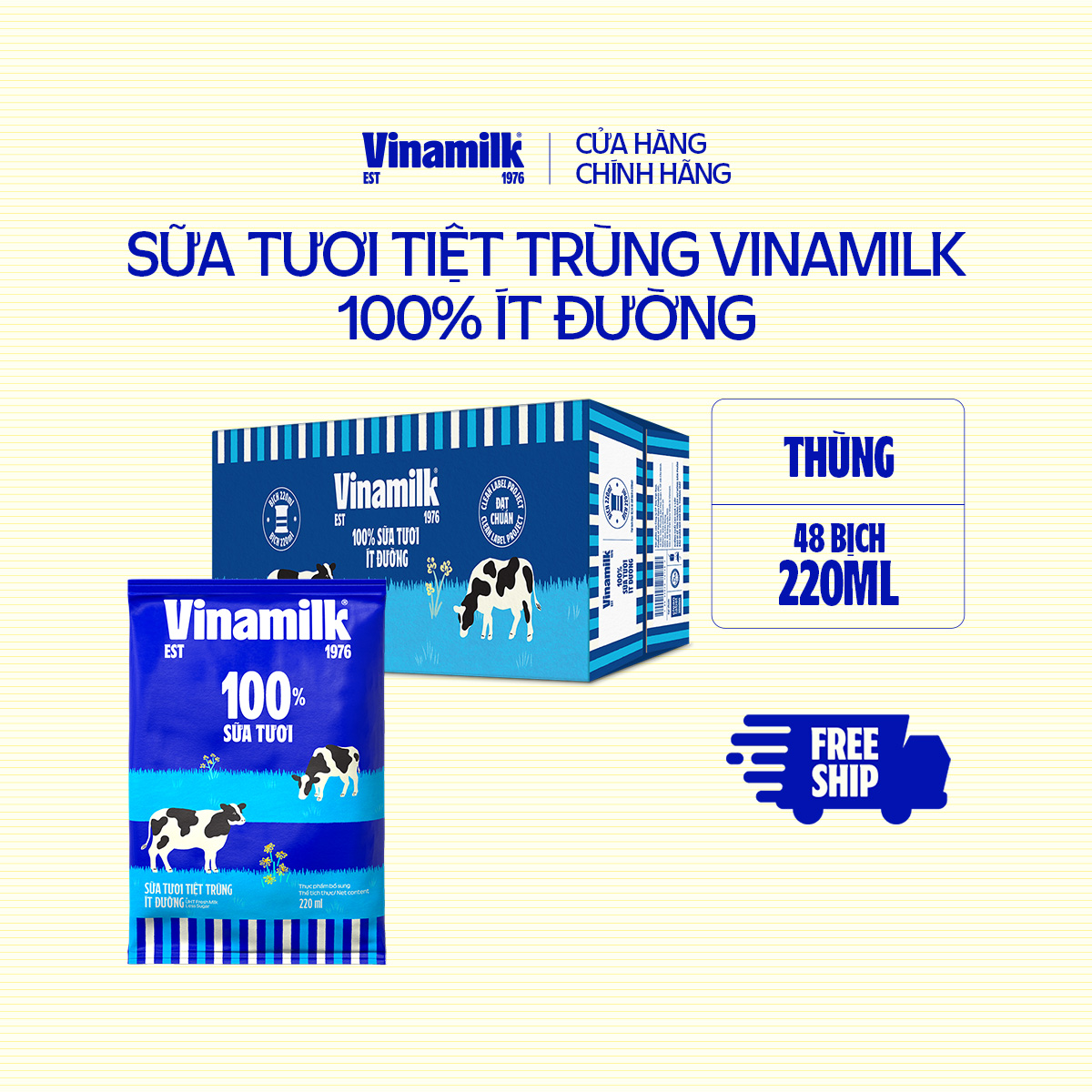 Thùng 48 bịch Sữa tươi tiệt trùng ít đường Vinamilk 100 Sữa tươi 220ml