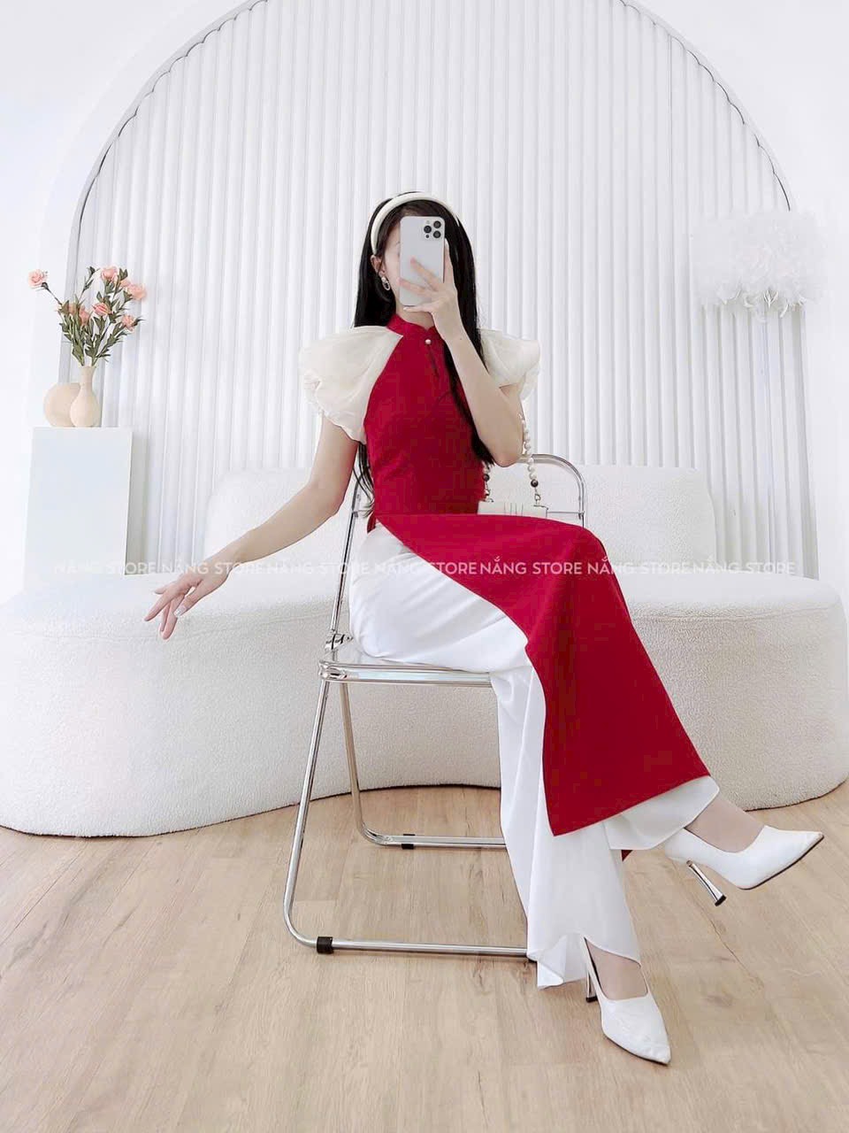Set Áo Dài Cách Tân Chất Nhung Quần Lụa Du Xuân Tết (Set Gồm Áo Và Quần)