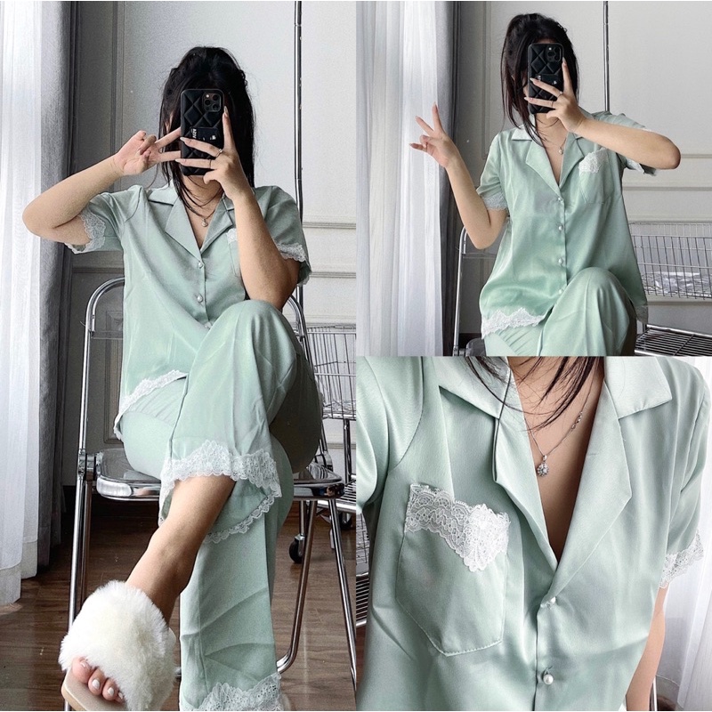 SN846 - BỘ PYJAMA LỤA NỮ CỘC TAY QUẦN DÀI PHỐI REN TRẮNG
