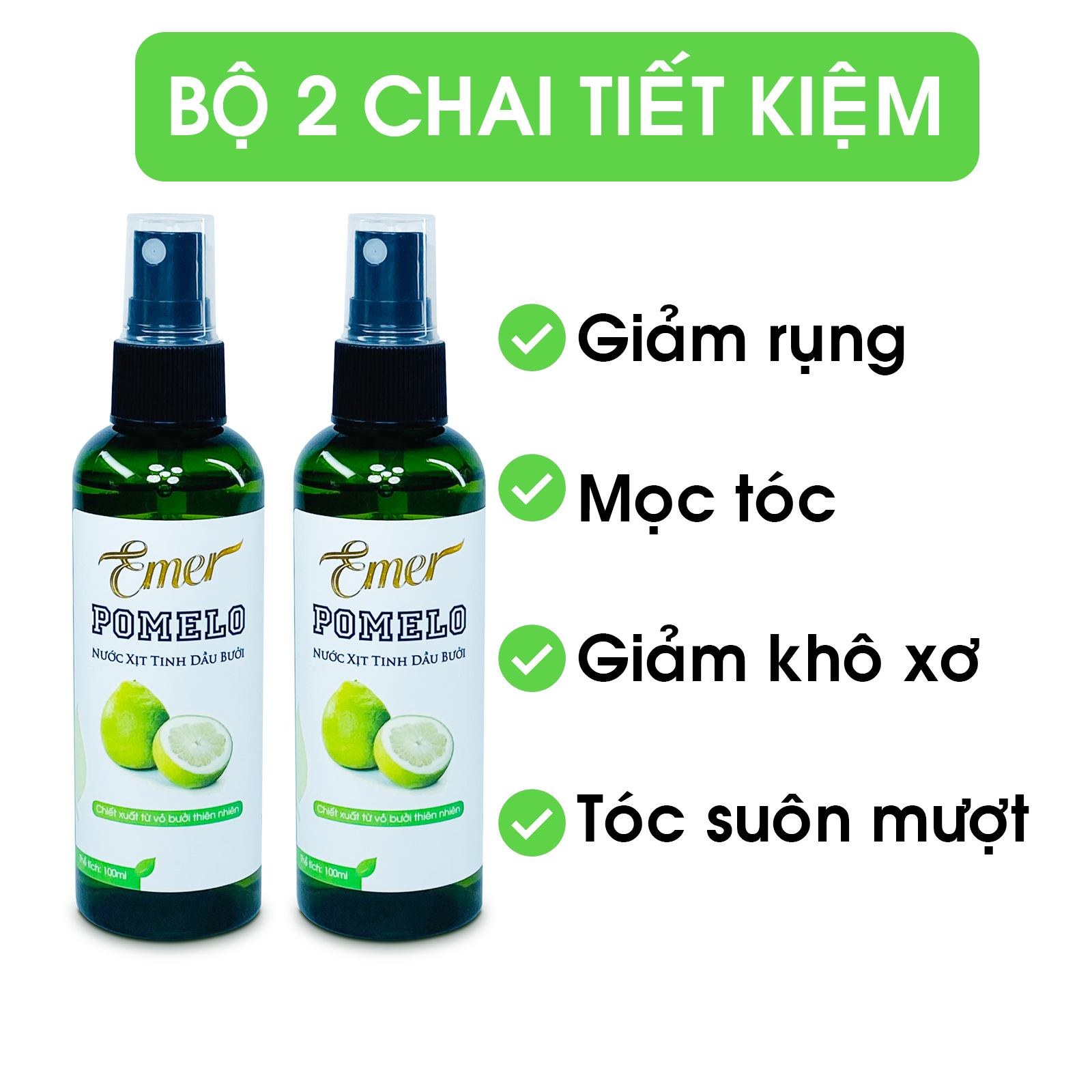 Liệu trình 1 tháng 2 chai tinh dầu bưởi xịt mọc tóc Pomelo Emer (100ml x 2) giúp giảm rụng tóc kích mọc tóc nhanh gấp 2 đến 3 lần cho mái tóc dày và dài hơn