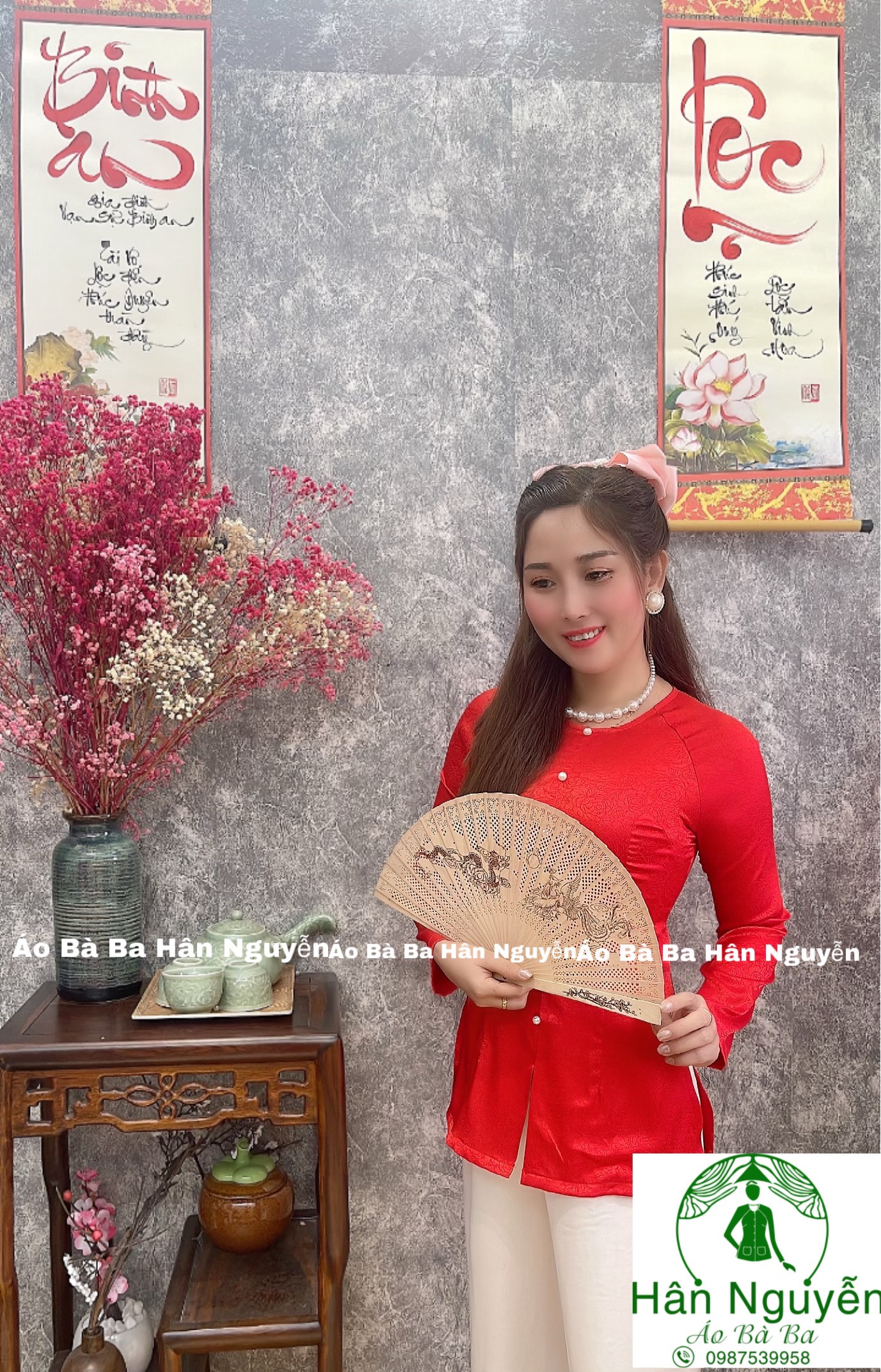 ÁO BÀ BA GẤM DÂY KÉO (HOA HỒNG) + QUẦN TRẮNG