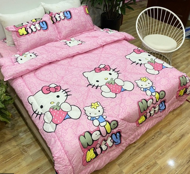 Bộ ga và 2 vỏ gối cotton poly mẫu heo hồng