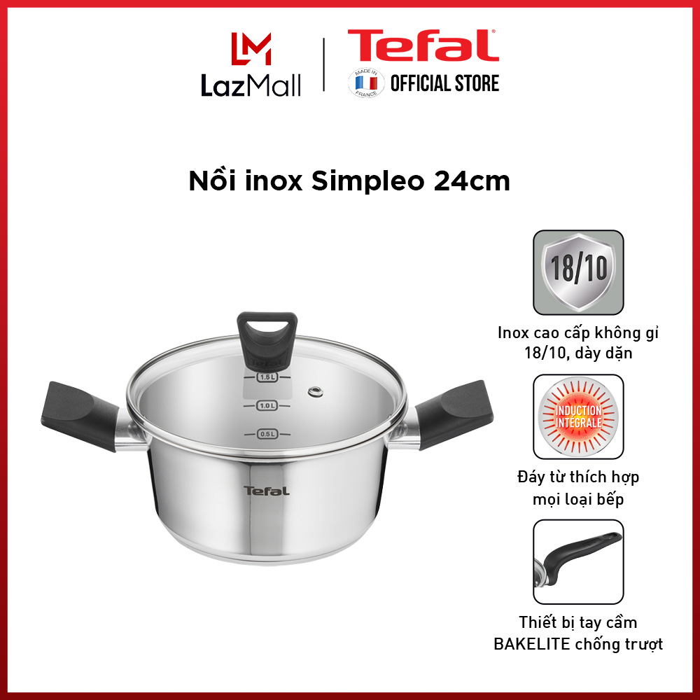 Nồi inox chống dính đáy từ Tefal Simpleo 24cm, dùng cho mọi loại bếp- Gian hàng chính hãng bảo hành 2 năm-B9054695