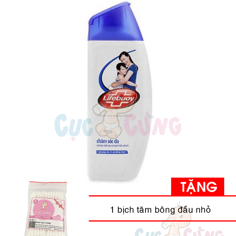 Sữa tắm LifeBuoy Xanh chăm sóc da diệt khuẩn 99,9% thơm lâu chai 250g Tặng bịch tăm bông đầu nhỏ