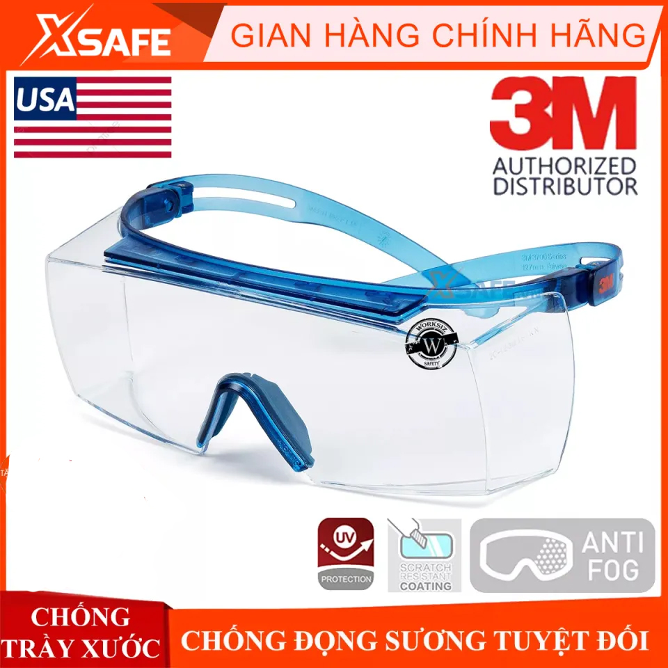 Kính bảo hộ 3M SF3701ASGAF-BLU kính Super OTG đeo ngoài kính cận chống trượt chống hơi nước trầy xước vượt trội ngăn chặn tia UV dùng cho lao động thể thao đi xe máy phòng dịch