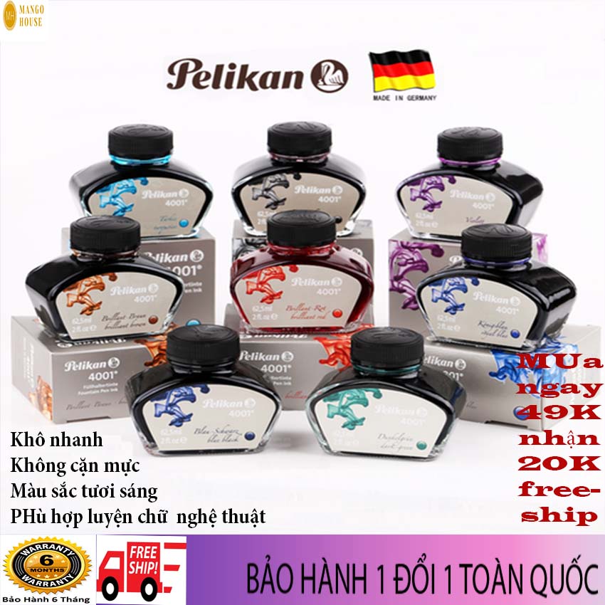 Mực viết máy PELIKAN cao cấp- Mực viết chữ nghệ thuật Đức 62.5 ml, khô nhanh, trong vắt không lắng cặn, màu sắc tươi sáng, phù hợp luyên chữ- Mango House- Mực viết máy, mực bút bơm, mực bút, bút mực, mực in, mực lọ,