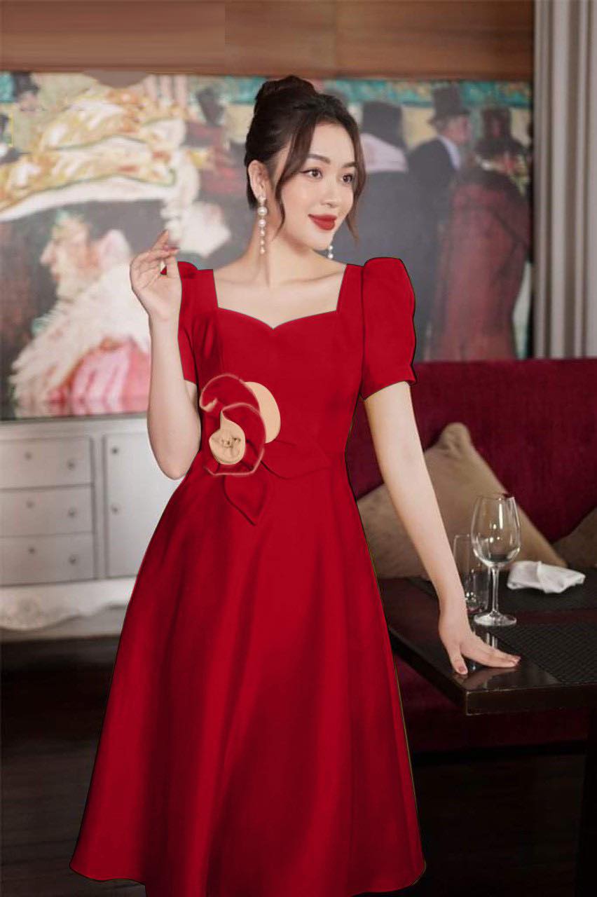 [HCM]Đầm xoè cổ vuông kèm bông