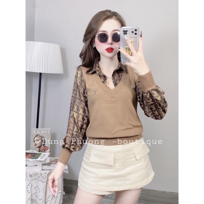 Áo Len Nữ Pha Cổ Sơ Mi Tay Lụa Phồng Ép Vân, Áo Nữ Thân Len Rile phối Tay Lụa