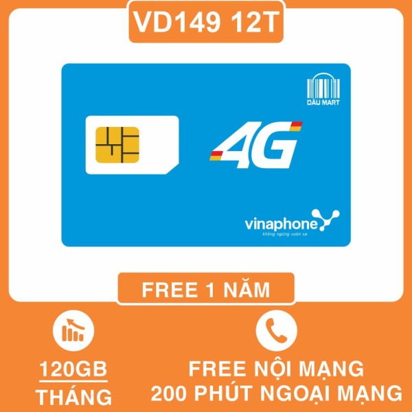 SIM 4G Vinaphone VD149 12T Free 1 Năm Tặng 4GB / Ngày + Gọi & SMS Miễn Phí Nội Mạng + Tặng 200 Phút Gọi Ngoại mạng / Tháng Miễn Phí 1 Năm Không Cần Nạp Tiền - DMC Telecom