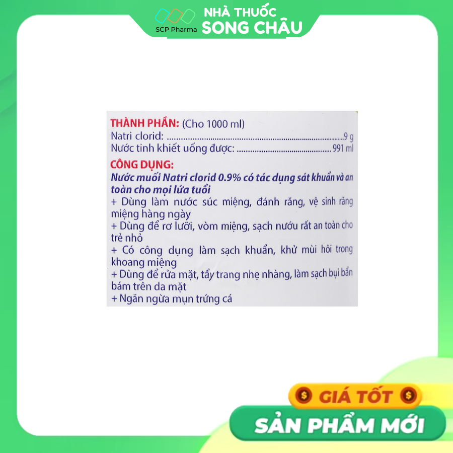 Nước muối sinh lý Natri clorid 09% chai 500ml (chỉ hỏa tốc)