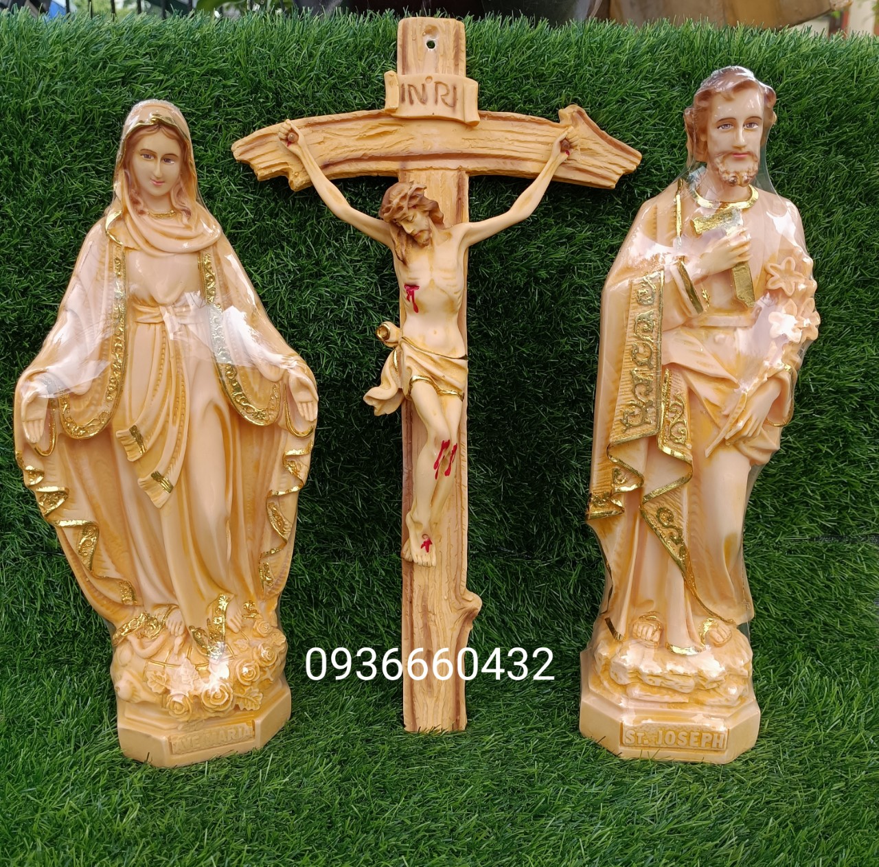 Tượng Đức Mẹ Ban Ơn Thánh Giuse 40cm Thánh Giá Chúa cnan 56cm màu composite nâu giống gỗ quà tặng công giáo