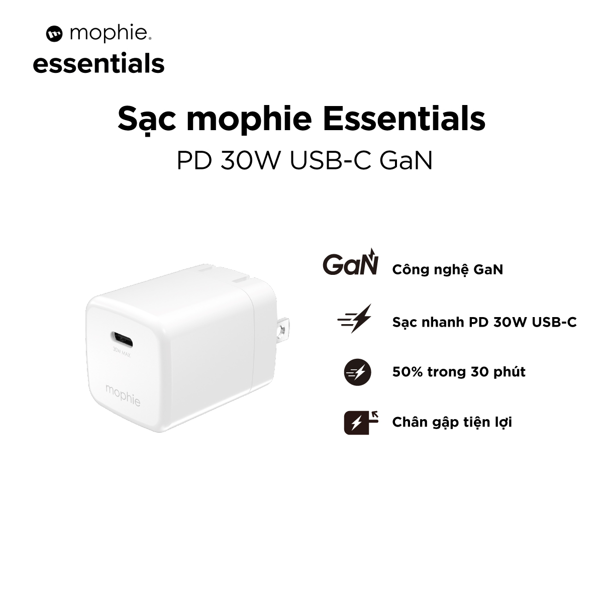 Combo sạc nhanh Mophie PD 30W cho iPhone/iPad (Sạc Mophie Essentials PD 30W USB-C và Cáp Mophie Essentials USB-C to USB-C 1m)