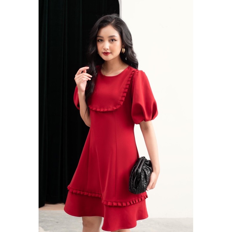 Đầm đỏ phối bèo cực xinh ms89