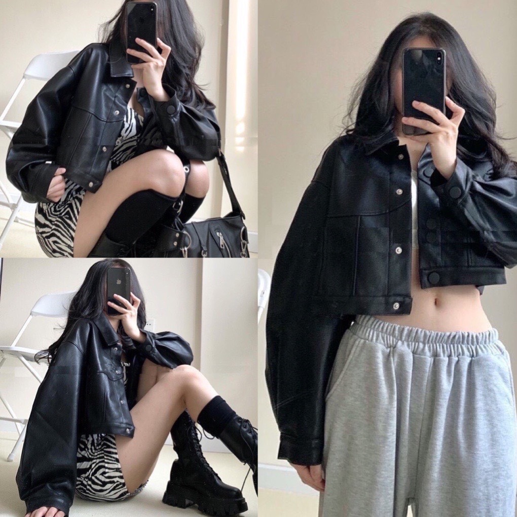 Áo khoác da nữ croptop tay phồng màu đen chất da PU AKD02- áo khoác nữ mùa đông- áo khoác bomber da- áo da croptop- áo khoác jackit da cá tính đi học đi chơi phong cách ulzzang hàn quốc, LEVERMART