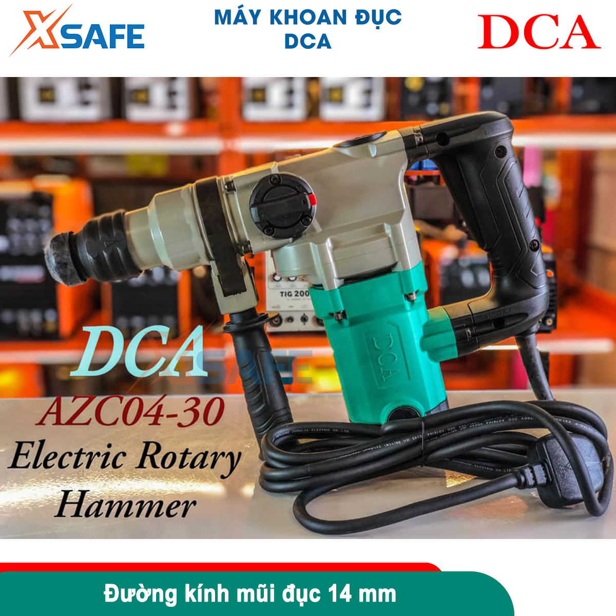 Máy khoan đục bê tông cầm tay DCA AZC04-30 công suất 960W, đường kính mũi khoan tối đa: 30mm, mũi đục: 14mm, tốc độ không tải: 1000 lần /phút