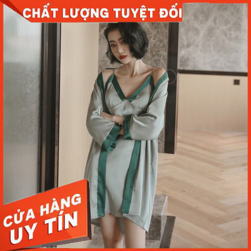 Set đầm ngủ lụa cao cấp mút ngực sẵn, váy ngủ lụa cao cấp kèm choàng