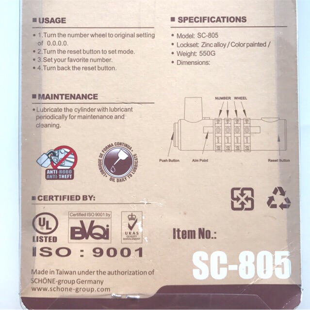 Ổ khóa số SCHONE SC-805 chiều dài càng khóa 245mm