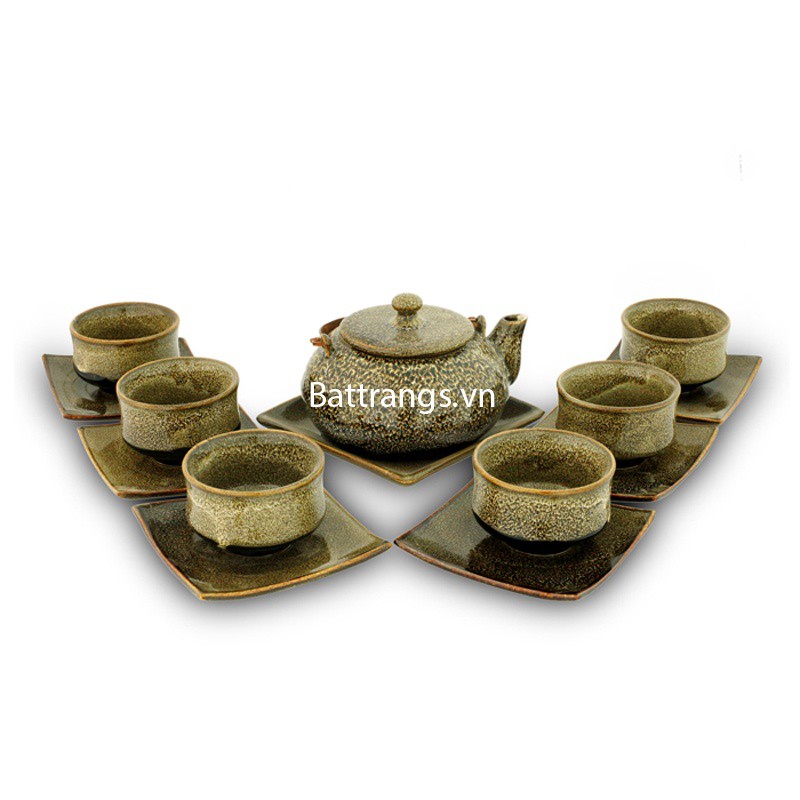 (Bộ to) Ấm chén dáng hạt chén eo men hỏa biến gốm vàng -  TRUNG HANH BAT TRANG CERAMICS